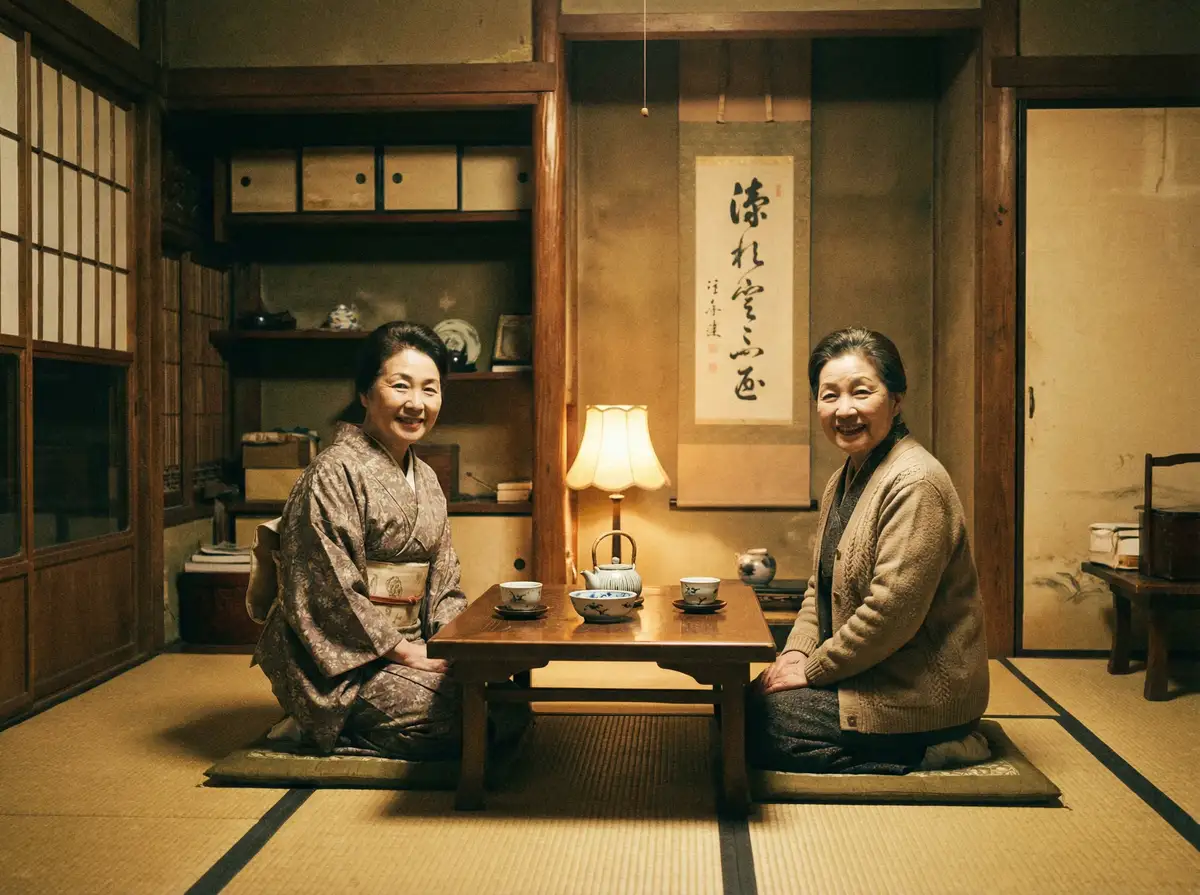 两位优雅的 王思诺 在日式茶室中品茶交谈